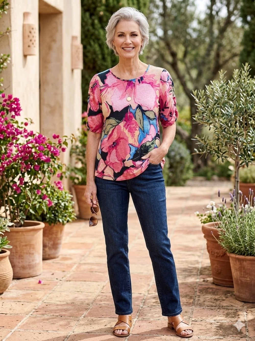 Chico's Size 1 M 100% Linen Floral Print Top Elbow Sleeve Boho Blouse